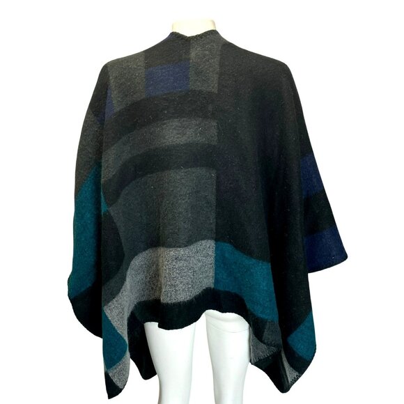 Calvin Klein Ruana Geometric Poncho Vintage Black Blue Gray One Size - Picture 3 of 7
